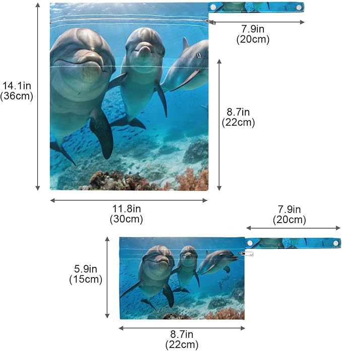 Three Cute Dolphins Wet Dry Bags Set of 2, Reusable Waterproof Organizer with Zipper Pockets for Baby Diapers, Swimsuits, Beach Travel Toiletries Storage