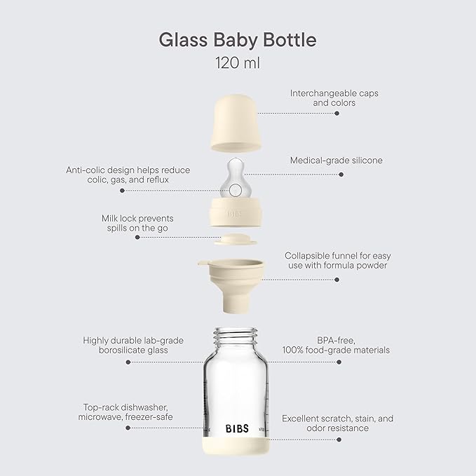 BIBS Baby Glass Bottle. 4 US fl oz / 120 ml. Anti-Colic. Vented Round Silicone Nipple. Supports Natural Breastfeeding, Slow Flow, Complete Set - Baby Blue