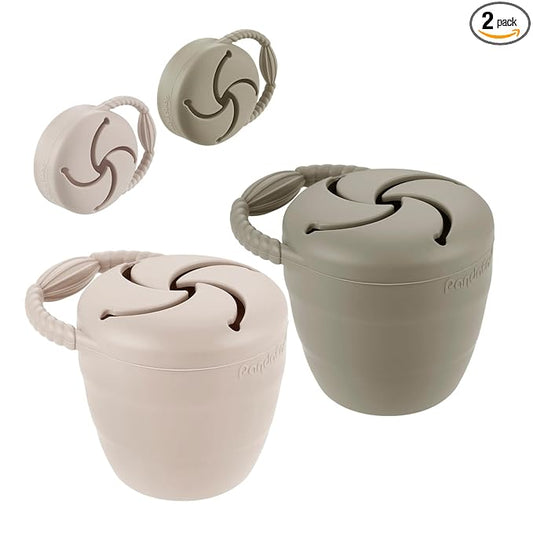 PandaEar Silicone Snack Containers, Collapsible Toddler Snack Cups Spill Proof Food Catcher for Toddler Baby, Pack of 2 (Light Tan/Walnut)