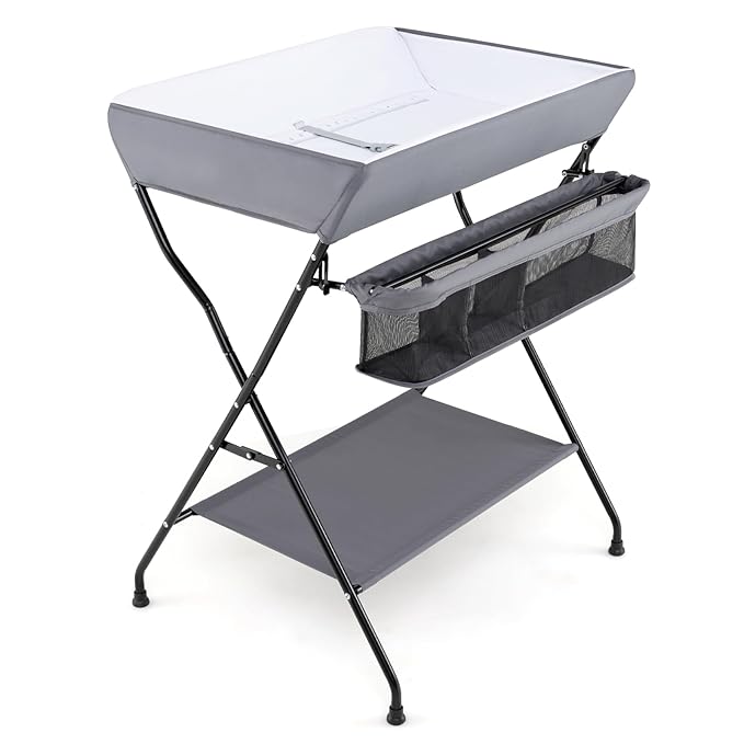 HONEY JOY Changing Table, Folding Nursery Organizer with Open Shelf & Safety Belt, Portable Diaper Changing Station for Newborn (Gray, Basic)