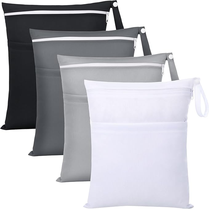 SATINIOR 4 Pack Wet Dry Bags for Baby Cloth Diapers 12x14 Washable Travel Swimsuit Wet Bags Reusable with Two Zippered Pockets for Yoga Gym Swimsuits Travel Beach Pool Soiled Items(Basic Color)