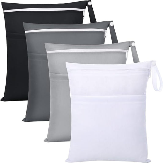 SATINIOR 4 Pack Wet Dry Bags for Baby Cloth Diapers 12x14 Washable Travel Swimsuit Wet Bags Reusable with Two Zippered Pockets for Yoga Gym Swimsuits Travel Beach Pool Soiled Items(Basic Color)