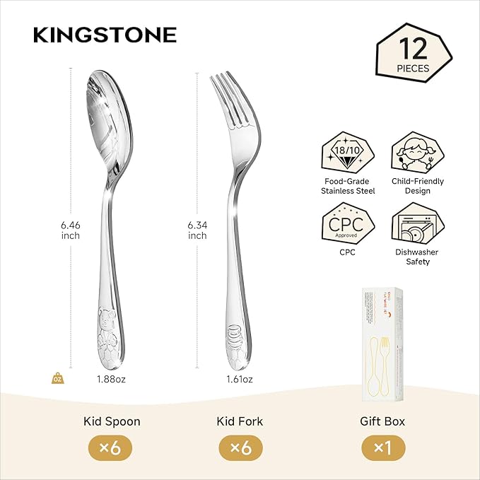 KINGSTONE Kids Silverware Set, 12-Piece Large Forks & Spoons, 18/10 Stainless Steel, Ergonomic Flatware for Self-Feeding Children, Home & Travel, Honey Bear Print
