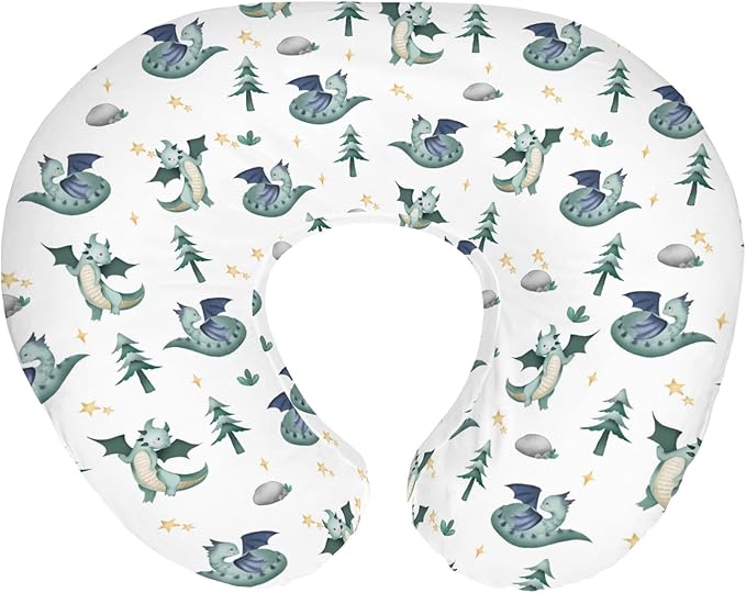 Fairytale Dragon Trees Stars Baby Nursing Pillow Covers for Boy Girl Cute Dragons Green Nursery Feeding Pillowcase for Breastfeeding Pillows Fantasy Animal Soft Stretchy Slipcover for Newborn Infant