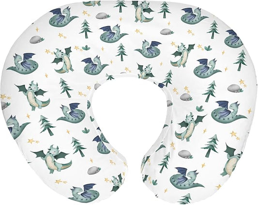 Fairytale Dragon Trees Stars Baby Nursing Pillow Covers for Boy Girl Cute Dragons Green Nursery Feeding Pillowcase for Breastfeeding Pillows Fantasy Animal Soft Stretchy Slipcover for Newborn Infant