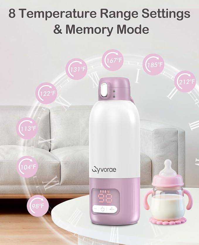 Portable Bottle Warmer for Travel, 17 oz Large Capacity & 16000mAh Extended Battery Life, 8 Temp Contorl, Breastmilk/Formula/Water/Milk 2Min Fast Warmer Heating, Ideal for Travel, Outdoor