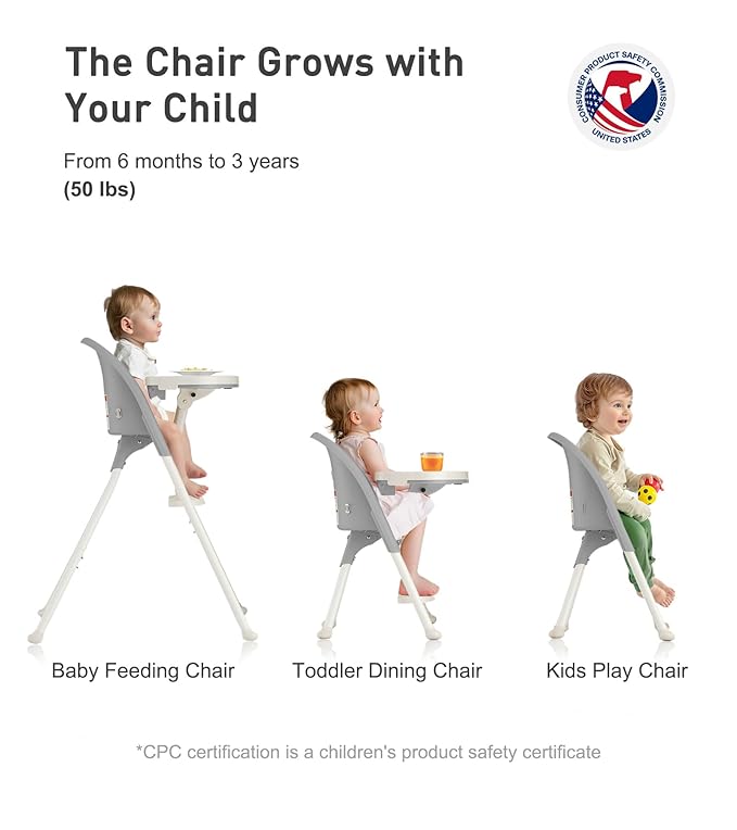Mallify Foldable High Chair, Space-Saving Portable Baby High Chair with Removable Double Tray, Modern Convertible Baby Feeding Chair, Lightweight, Easy to Clean, Gray