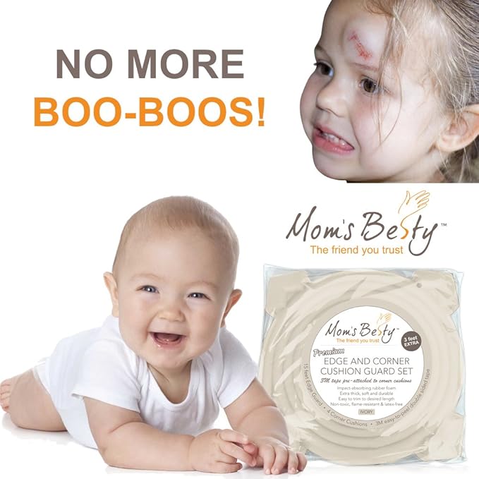 Mom's Besty Extra Dense Child Safety Protectors & Furniture Bumpers Set – 16.2 Ft. Total Coverage (15 Ft. Edge & 4 Taped Corner Guards) - Ivory White - Free Home Baby Proofing Checklist