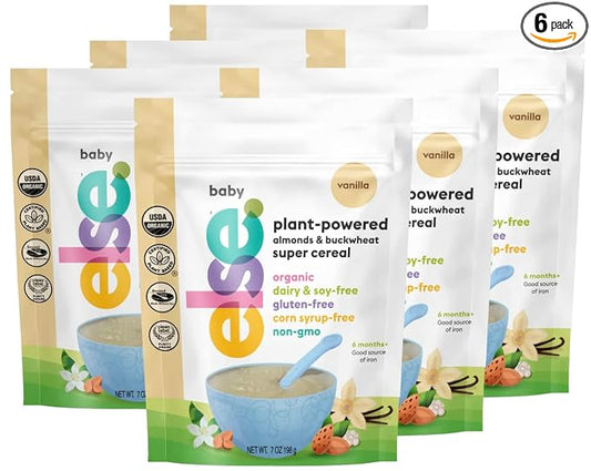 Else Nutrition Super Cereal For Babies 6 mo+, Made With Real Whole Plants for a Nutritionally Balanced meal, with gluten free carbs and plant protein (Vanilla, 6 Pack)
