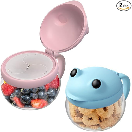 BeneLabel 2 Pack 12.3 Oz Snack Cups for Toddlers Spill Proof Food Grade Tritan Baby Snack Container with Cute Frog Lid and Handle PVC Free Kids Snack Catcher Fit for On-the-Go (Pink & Blue)