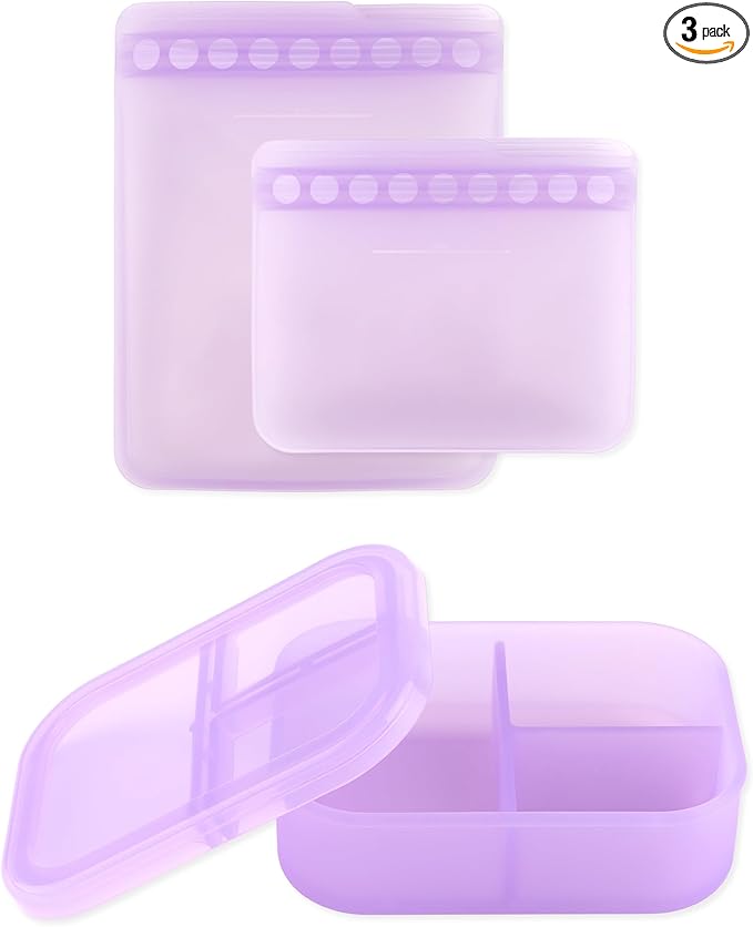Bumkins - Silicone Bento Box & Reusable Snack Bag Set - 3 Sections & Leak-Proof Lid - Food Safe - 2 Zip Bags - Washable, Microwave, Freezer & Dishwasher Safe - 3 pack - Purple