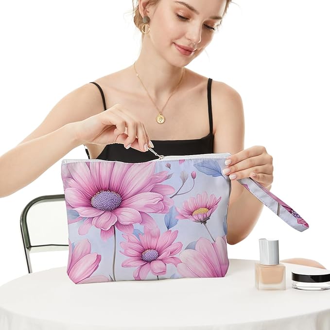 Fokongna Floral Print Wet Bag, Small Portable Waterproof Multi-Functional Organizer for Women, Blush Pink Large Daisy, Ideal for Daily, Beach & Travel