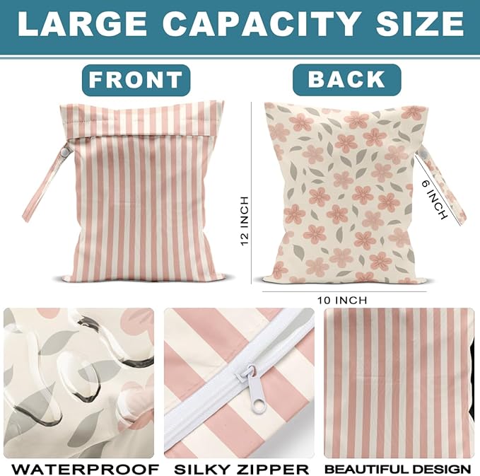 ZHAMEN 2Pcs Wet Bag, Wet Dry Bag Reusable with Zipper, Travel, Beach, Pool, Diapers, Baby Clothes, Dirty Yoga Gym Clothes,Toiletry, Hook to Stroller, Waterproof Wetdry Packing (12x10 Inch)
