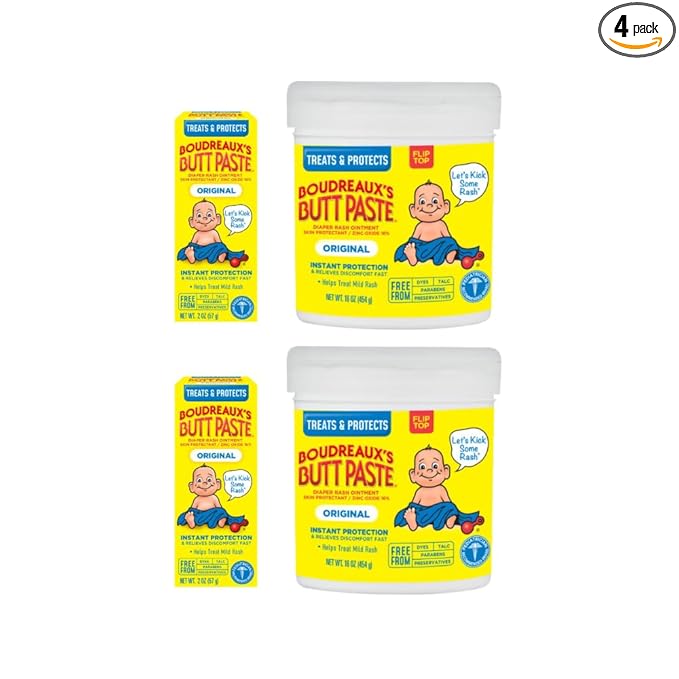 Boudreaux’s Butt Paste Diaper Rash Ointment, 16% Zinc Oxide Baby Rash Cream, Skin Protectant, Fast Relief for Diaper Rash, Original 16 ounce & 2 ounce (Variety Pack of 4)