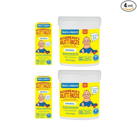Boudreaux’s Butt Paste Diaper Rash Ointment, 16% Zinc Oxide Baby Rash Cream, Skin Protectant, Fast Relief for Diaper Rash, Original 16 ounce & 2 ounce (Variety Pack of 4)