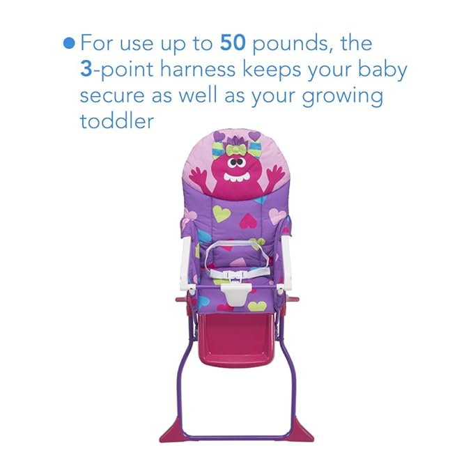 Cosco Kids Folding High Chair for Babies and Toddlers (from 6 Months to 50 lbs) Simple Fold Deluxe with 3-Position Tray, Portable High Chair, Monster Shelley