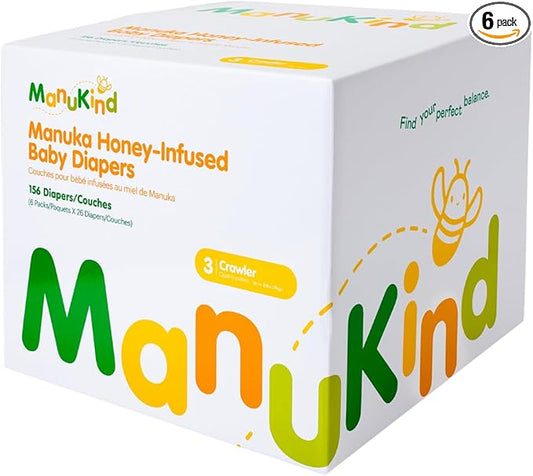 ManuKind Baby Diapers, Manuka Honey Infused, Ultra Soft, Plant-Based Materials, Quick-Dry Comfort, Leak Guard Protection, Size 3 – 156 Diapers (6 Packs of 26)