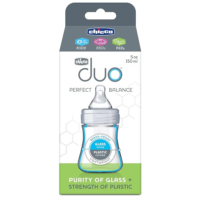 Chicco Duo 5oz Hybrid Baby Bottle, Real Glass Inside, Lightweight Plastic Outside, Patented Invinci-Glass Technology, Intui-Latch Nipple, Clear/Grey