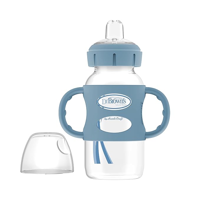 Dr. Brown's Milestones 9oz Wide-Neck Sippy Spout Bottle Bundle with Silicone Handles, Soft Sippy Spout, Green and Light Blue, 1-Pack Each, 6m+