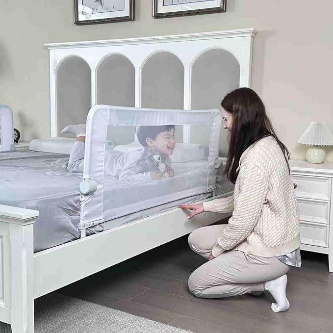 Grelife Foldable Bed Rail for Toddlers, Tall Toddler Bed Rails for Twin, Full, Queen Bed, Baby Bed Rail Guard with Reinforced Metal Frame & Breathable Mesh (1, pearlwhite, 43.0")