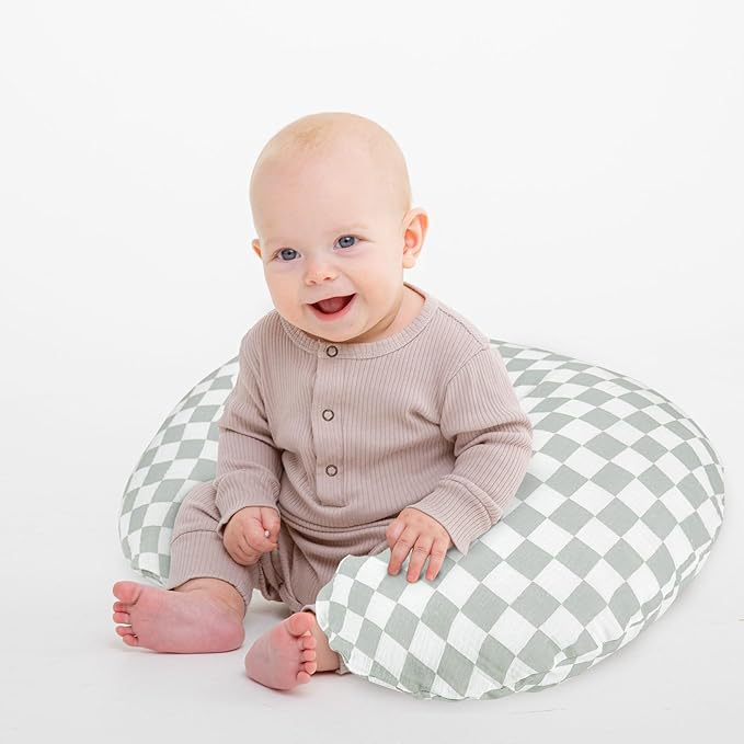 DILIMI Muslin Nursing Pillow Cover 2 Pack, Removable Nursing Cover for Breastfeeding Pillows, Ultra Soft Comfortable Slipcover for Baby Girl and Boy, Green and Checkered