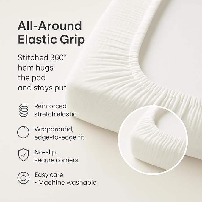 Muslin Changing Pad Cover 2 Pack, Soft Baby Changing Pad Covers, Stays in Place, Fits Standard 32x16 Inches Changing Pads, No Shrink, Perfect for Baby Girls (White)