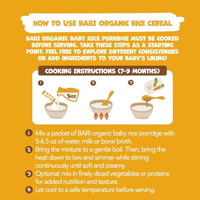 BARI Organic Baby Rice Porridge – Stage 2 – For Babies 7+ Months | USDA Organic, Heavy Metal Tested, Korean Rice Cereal, No Added Sugar, Gluten-Free | 6.3 oz (10 Packets)