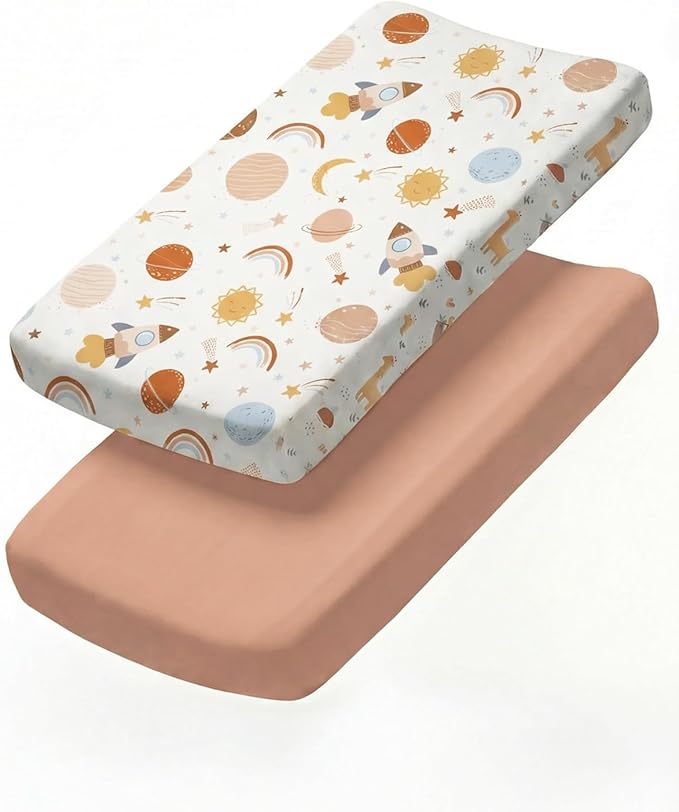 Changing Pad Cover - Pack of 2 Soft Unisex Diaper Change Microfiber Table Sheets - Fits 32"x16" Contoured Pad - Changing Pad Cover for Baby Boys & Girls - Snug, Machine Washable - Oeko-Tex, Space Boy