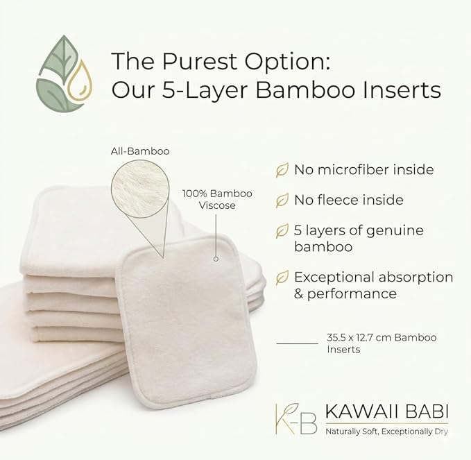 KaWaii Baby HD2 Fast Changing Nappies - 12 Reusable, Leak-Proof Diapers with 24 Premium 5-Layer Inserts for Newborn to Toddler