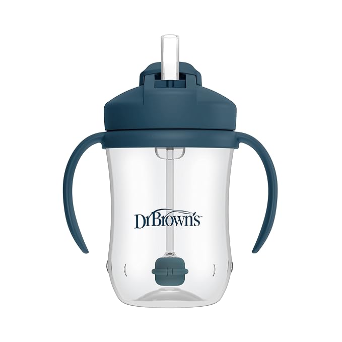 Dr. Brown's Milestones Sippy Spout Bottle 2-Pack with Baby's First Straw Cup, 8oz/250mL, Light Blue and Gray, Dark Blue, 6m+