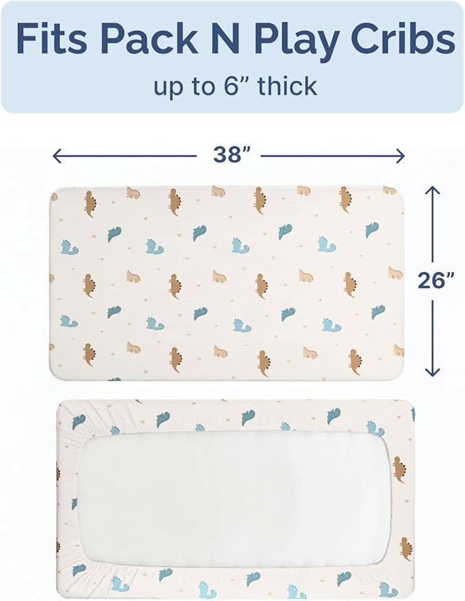 Pack and Play Sheets Fitted - 2 Pack Mini Crib Sheets for Pack N Play Mattress - Unisex Playard Microfiber Bedding for Boys & Girls - Soft, Breathable & Wrinkle Free - Oeko-Tex, 38 x 26in - Cute Dinos