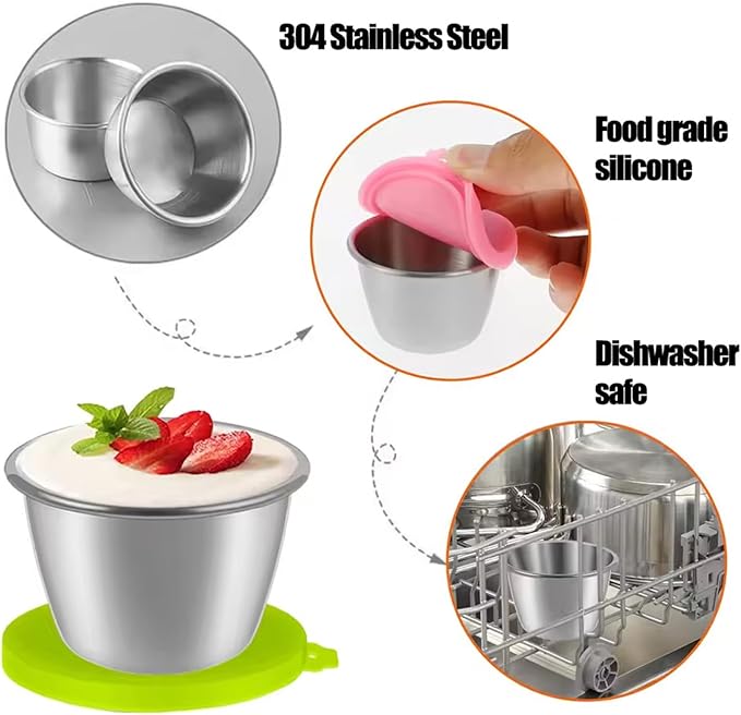 PandaEar 6 Pack 2.4 oz Stainless Steel Condiment Containers with Leakproof Silicone Lids, Reusable Small Sauce Cups for Salad Dressing, Lunch Box, Travel & Meal Prep, Dishwasher & Freezer Safe