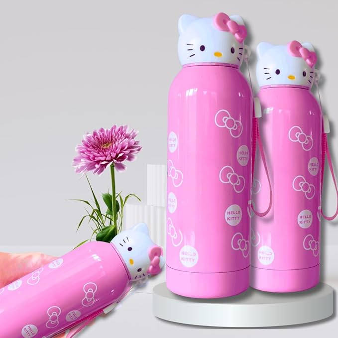 Hello Kitty 400 ml Insulated Water Bottle for Kids – Stainless Steel with 6-12h Heat Preservation with Sanrio Keychain (Pink)