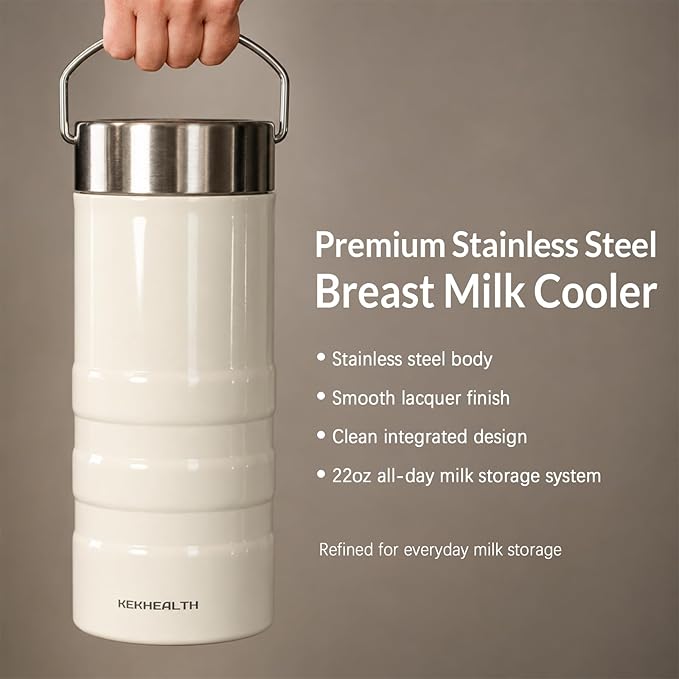 22oz Premium Stainless Steel Breast Milk Cooler, 360° Cooling Gel Ring, 24-Hour Cold Storage, 2 BPA-Free 11oz Bottles, Leak-Proof, Designed for Working Moms and Full-Day Outings