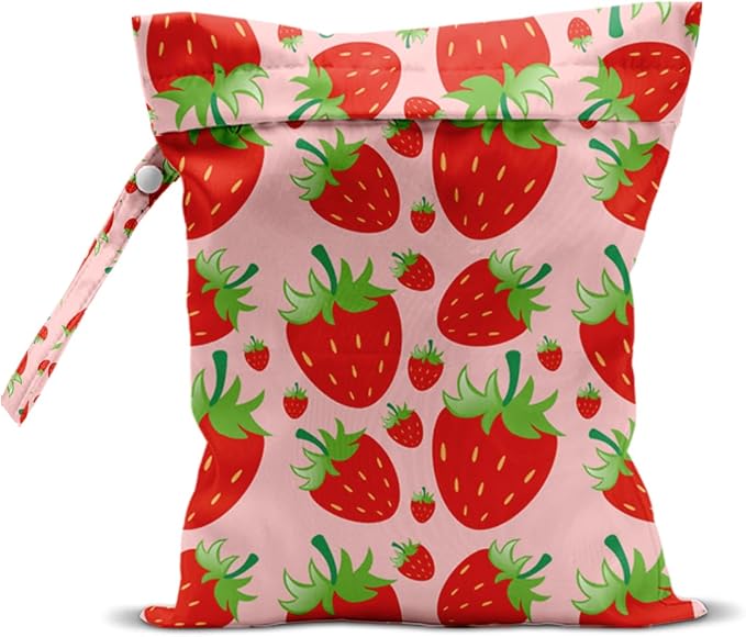 Wet Bag, Wet Dry Bag, Waterproof Swim Bags, Machine Washable Reusable Bags for Beach, Pool, Diapers, and Dirty Yoga Gym Clothes(Pink & Red Strawberry Print