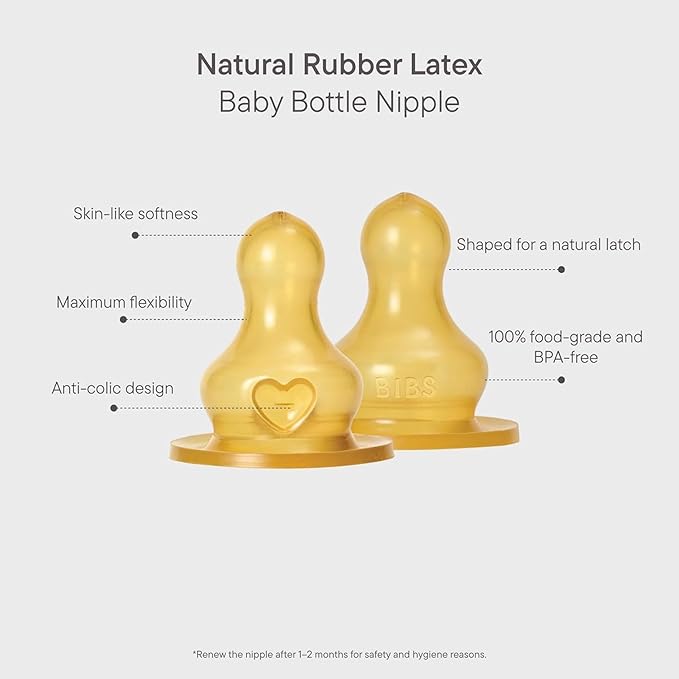 BIBS Bottle Nipple 2-Pack. Anti-Colic. Extra Nipples for BIBS Baby Bottles. Round Nipple. - Natural Rubber Latex, Medium Flow