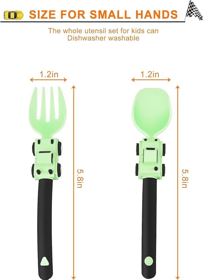 Deinyi Construction Toddler Utensils - Toddler Forks and Spoons - Kids Construction Toys Utensils - Forks and Spoons Silverware Set - Easter Birthday for 1 2 3 4 5 year old, Green