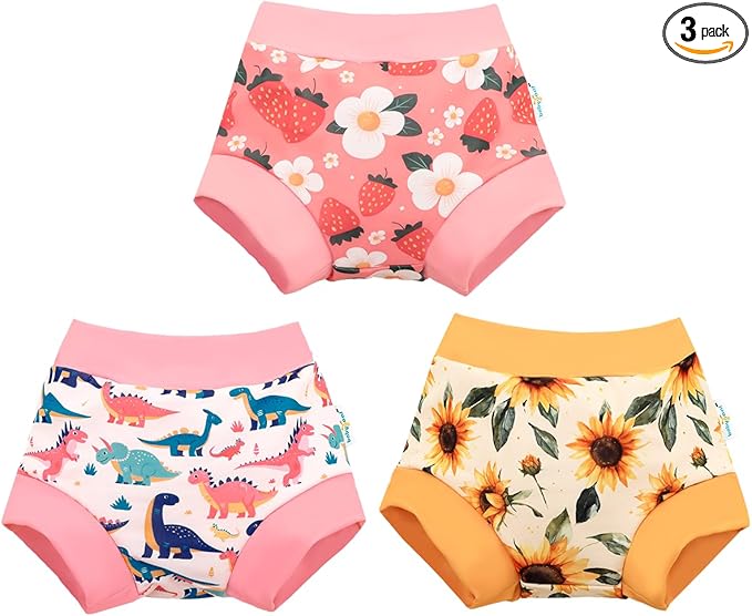 babygoal Reusable Swim Diaper - Waterproof Cloth Swimmers Pants for 2 Years to 3 Years Toddlers Beach & Pool(Strawberry,Sunflower,Dinosaur)
