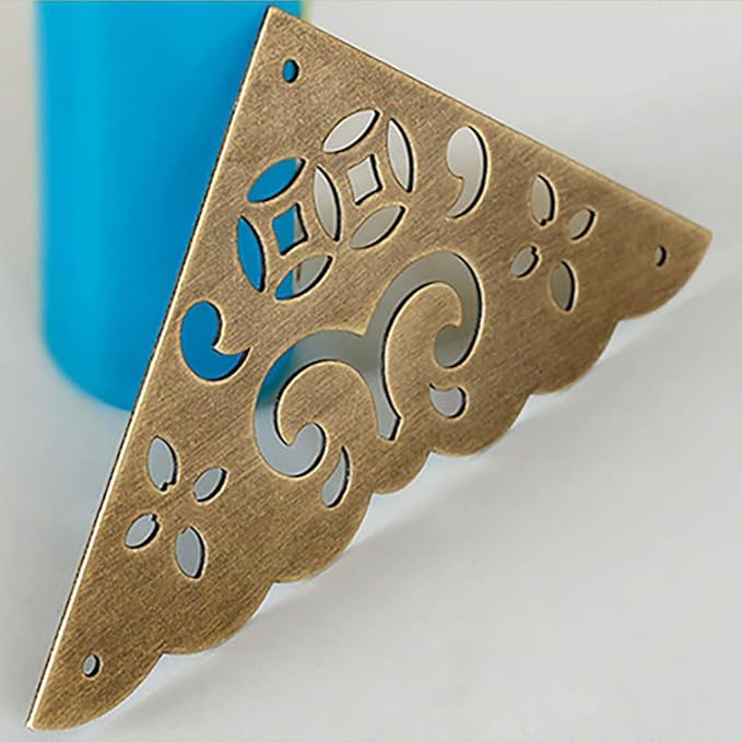 4Pcs 4"/10.3cm Large Size Antique Brass Hollow Pattern Corner Protectors Vintage Hardware Desk Edge Wooden Jewelry Gift Box Cabinet Corner Guard