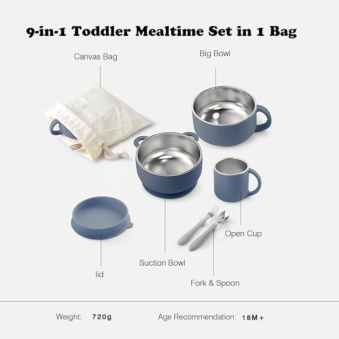 Bakpoco Kids Dinnerware Set - 6 Piese Toddler Plates and Suction Bowls Set with Kids Utensils&Cup, 2 IN 1 Stainless Steel & Silicone Baby Self Feeding Supplies, Navy