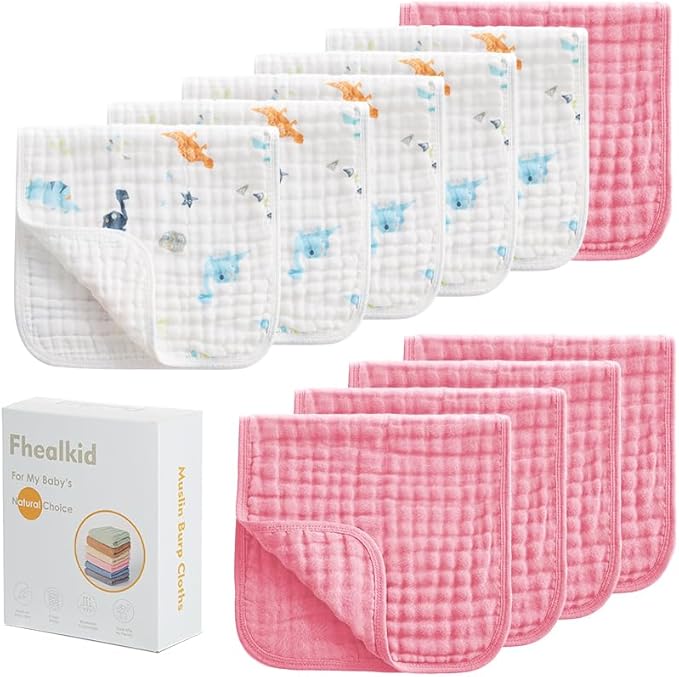 Muslin Burp Cloths Sets Newborn Baby Boy Essentials Must Haves 100% Cotton 10 Pack 20" X 10",6-Layer Baby Bibs & Burp Cloths for Baby Drool and Messes - Soft (DINOSQURGREEN05, 10 - Pack 20"X10")