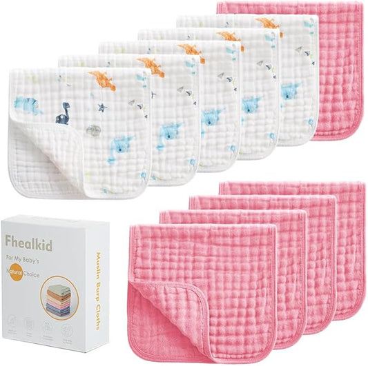Muslin Burp Cloths Sets Newborn Baby Boy Essentials Must Haves 100% Cotton 10 Pack 20" X 10",6-Layer Baby Bibs & Burp Cloths for Baby Drool and Messes - Soft (DINOSQURGREEN05, 10 - Pack 20"X10")
