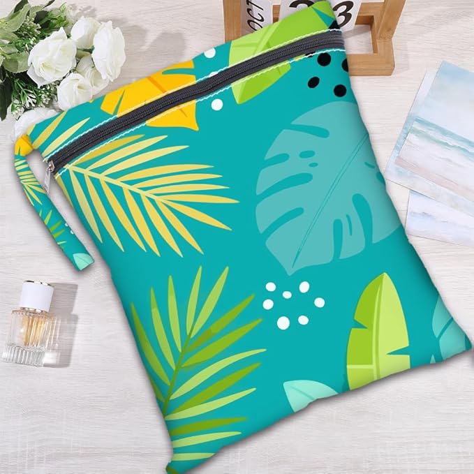 2Pcs 2 Sizes Tropical Dry Bag Wet Bag Swimsuit Green Plam Leaf Pattern Polyester Waterproof Sandproof Reusable Storage Zipper Pouches for Friends Swimsuit Travel Dirty Diaper Clothes Gifts
