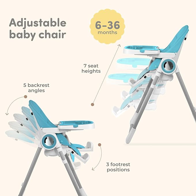 Baby High Chair Adjustable to 7 Different Heights - Foldable High Chairs for Babies and Toddlers - Silla para Comer de Bebe - Blue