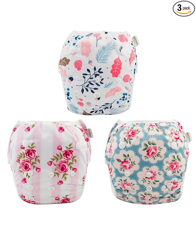 Babygoal Reusable Baby Girl Swim Diapers 3 Pack - Adjustable Washable for 0-8 Months Infants - Ideal for Swimming Lessons - Flower Design