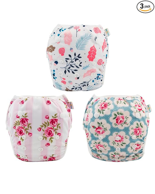 Babygoal Reusable Baby Girl Swim Diapers 3 Pack - Adjustable Washable for 0-8 Months Infants - Ideal for Swimming Lessons - Flower Design
