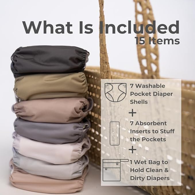 Nora's Nursery Cloth Diapers 7 Pack with 7 Inserts & 1 Wet Bag - Waterproof Cover, Washable, Reusable & One Size Adjustable Pocket Diapers for Newborns and Toddlers - Sand and Stone