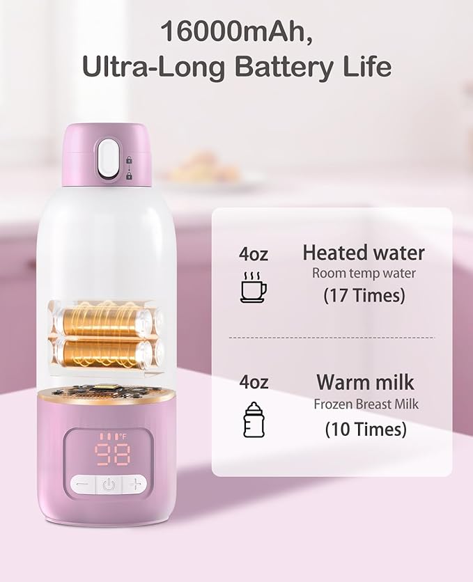 Portable Bottle Warmer for Travel, 17 oz Large Capacity & 16000mAh Extended Battery Life, 8 Temp Contorl, Breastmilk/Formula/Water/Milk 2Min Fast Warmer Heating, Ideal for Travel, Outdoor