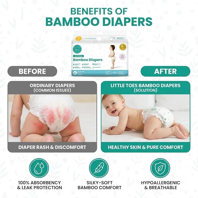 Little Toes Natural Bamboo Disposable Baby Diapers - Hypoallergenic, Sensitive Skin Safe, Patented Viscose, Day & Overnight 100% Absorbency and Leak Protection, Eco Friendly (Size 5 X-Large 36 Count)