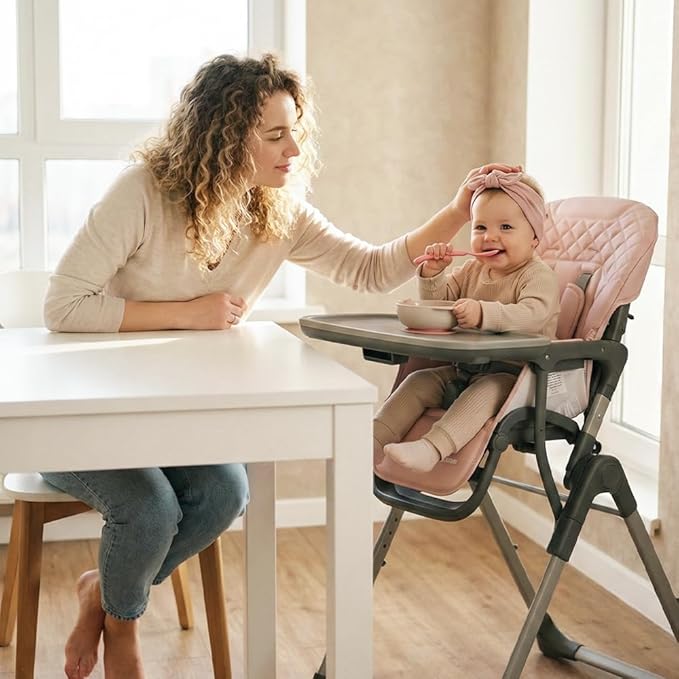 INFANS Baby High Chair, Convertible Quick Folding Portable Highchair for Babies and Toddlers with Adjustable Height Backrest Footrest 2 Wheels Removable Tray, Easy to Clean PU Seat